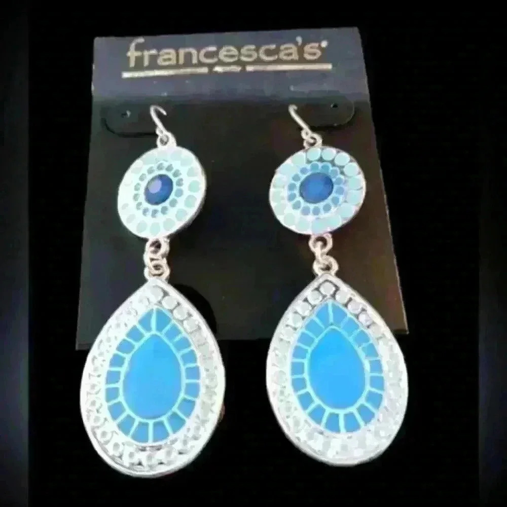 Blue and silver teardrop design dangly earrings - Picture 3 of 3